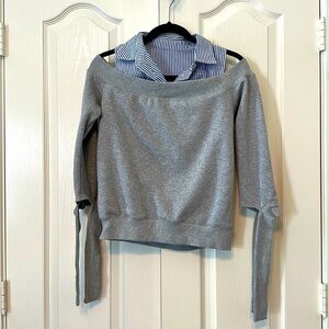 Pixie Market Cold Shoulder Crop Top Gray Sweatshirt attached to Button Down Top